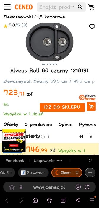 NOWY zlew kuchenny, granitowy, owalny, dwukomorowy Alveus