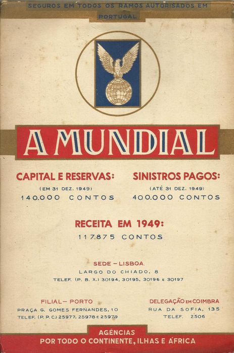 Calendário antigo 1951 - Companhia de Seguros A MUNDIAL