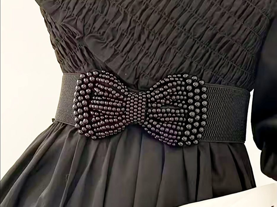 Nowy gumowany elegancki czarny pas z ozdobną kokardą z koralików szero