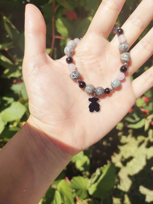 Bransoletka Jadeit, kwarc turmalinowy i różowy .miś