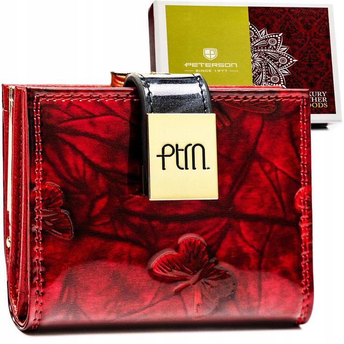 PETERSON portfel skórzany mały z motylami i biglem P253 czerwony