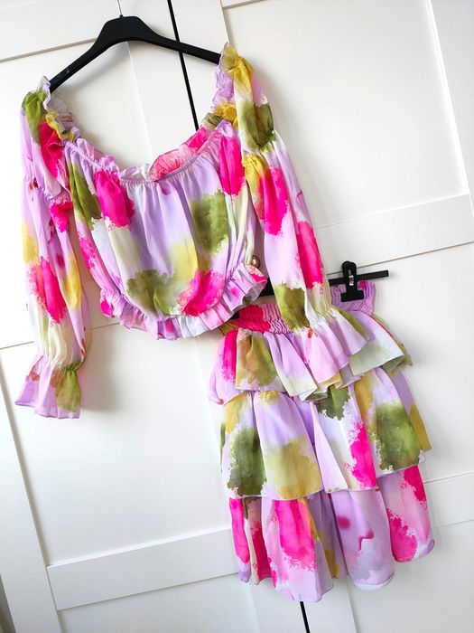 Komplet spódniczka + bluzka hiszpanka falbany boho lila S M L