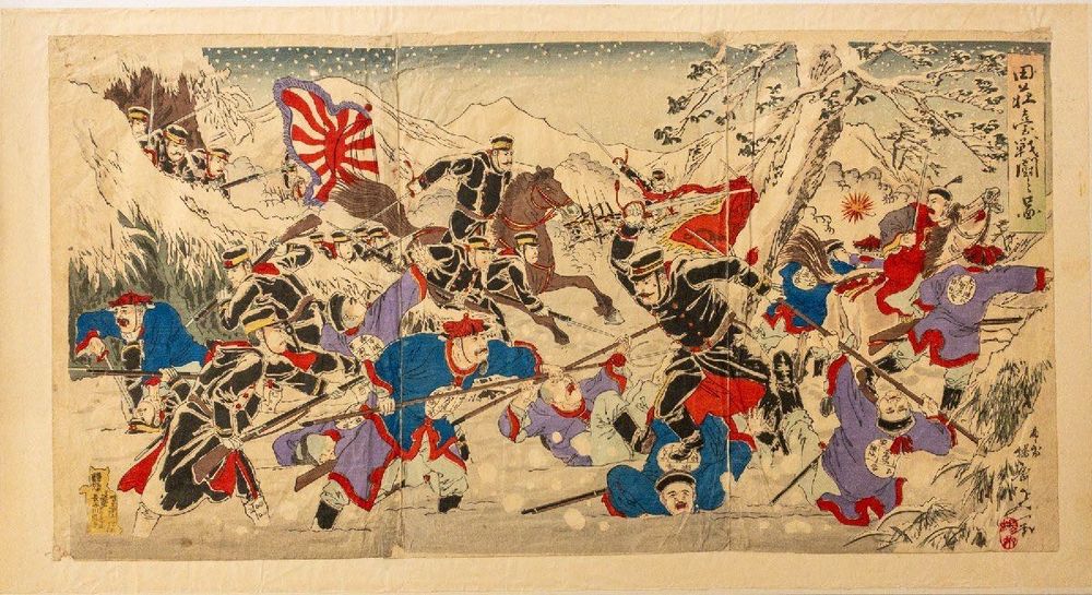 Oryginalny, Wielki Drzeworyt Tryptyk 1894 r. (Meiji) – Bitwa na śniegu | Chikanobu