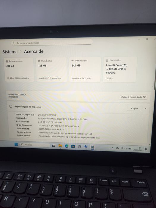 Portátil LENOVO Thinkpad T480S I5-8350U 24Gb 256Gb Ssd Bt