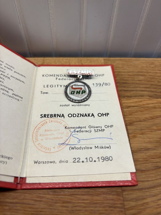 Srebrna Odznaka OHP Federacji SZMP 1980 + legitymacja PRL