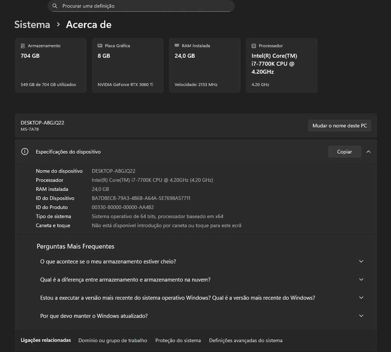 PC Gamer I7, RTX 3060TI 8GB, 24GB RAM