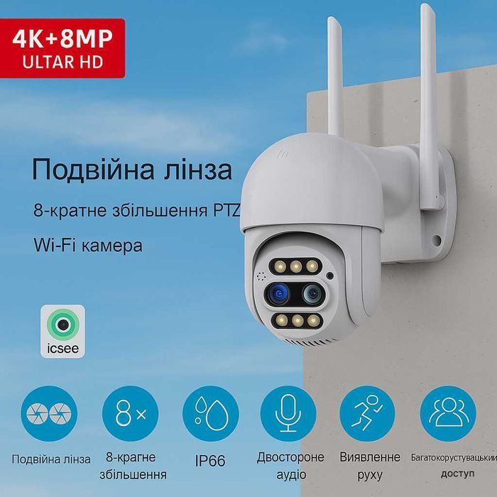 Гібридна IP WiFi камера відеонагляду icsee 8Мп з якісним зумом A20W