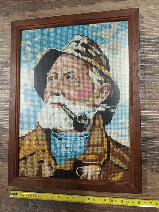 Quadro Vintage Ponto de Cruz Velho Marinheiro com Cachimbo – Holanda Anos 80