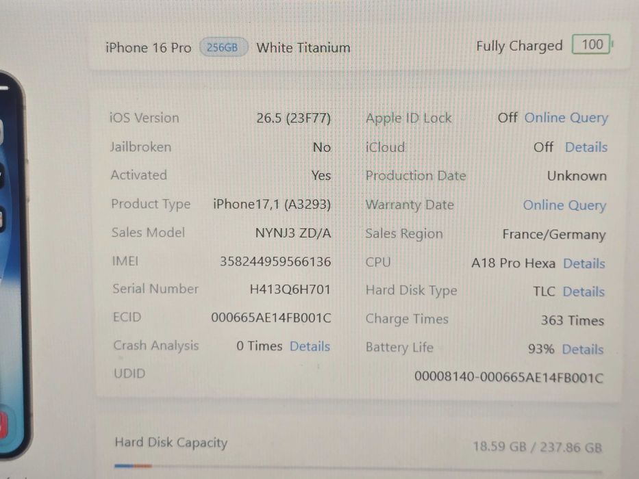 Apple iPhone 16 Pro 256Gb , неверлок , фіз сім, MDM , працює бездоганно , аккум 93%