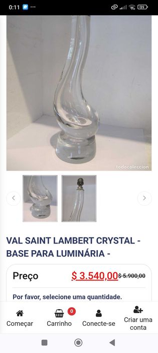 Candeeiro Cristal Val Saint Lambert 38 cm até Abajur Anos 60