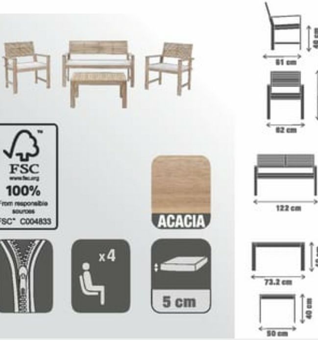Conjunto de jardim em acácia, para 4pax, novo, já montado com almofada