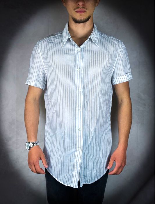 (L) Hugo Boss Nowa Biała Męska Koszula w Paski z Krótkim Rękawem