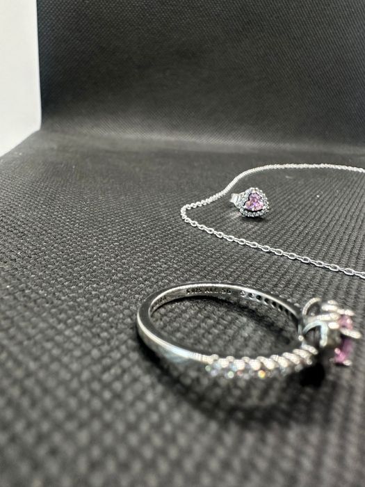 Komplet srebrnej biżuterii Pandora różowe serce