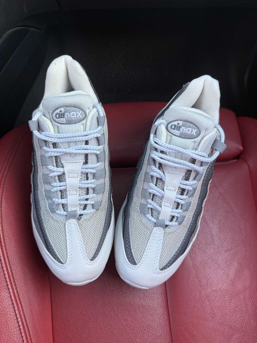 (БЕЗ ПЕРЕДОПЛАТИ) Nike Air Max 95 Grey White найк ейр макс 95 сіро-білі шкіряні сітчасті кросівки з прозорими повітряними подушками