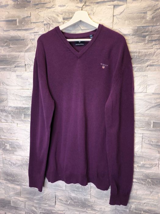 Sweter Wełniany Gant Wełna Fiolet Logo Serek Męski