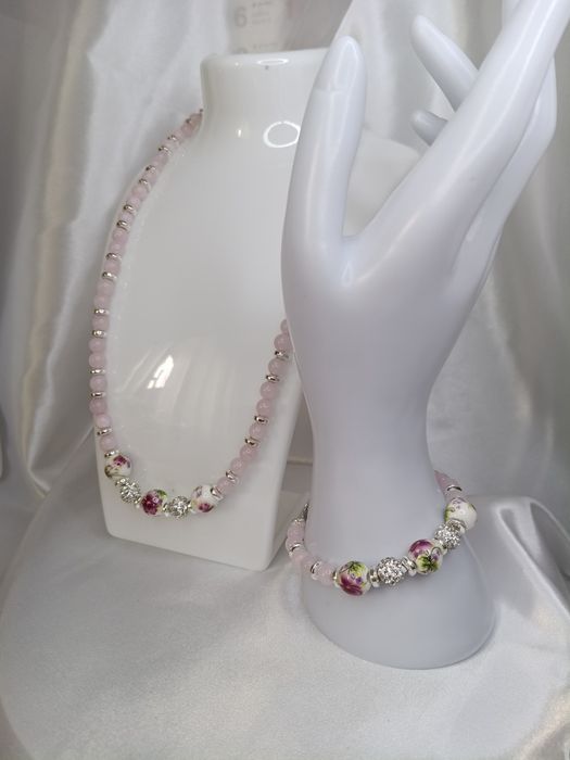 Komplet biżuterii Handmade Różany Ogród z kwarcu różowego