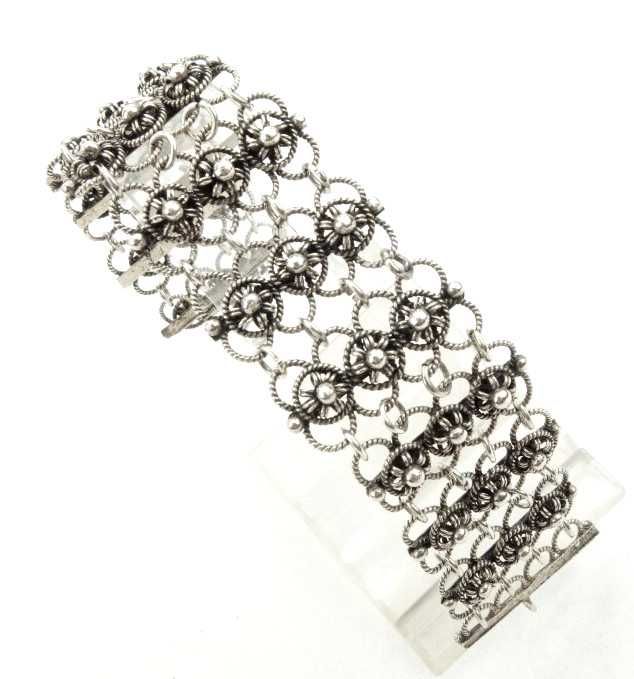 Filigranowa szeroka srebrna bransoletka kółka