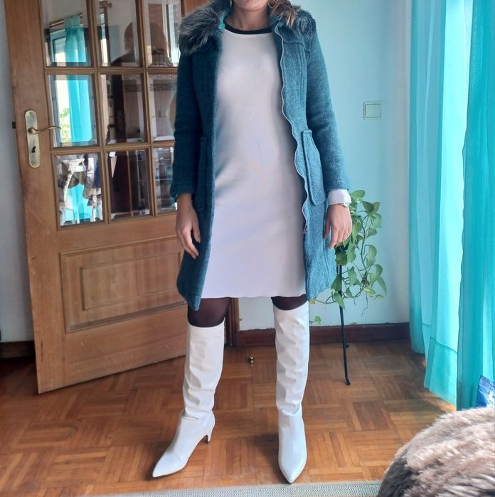 Casaco fazenda azul,pelo joelho,cintado,pêlo na gola,quentinho, Zara,S