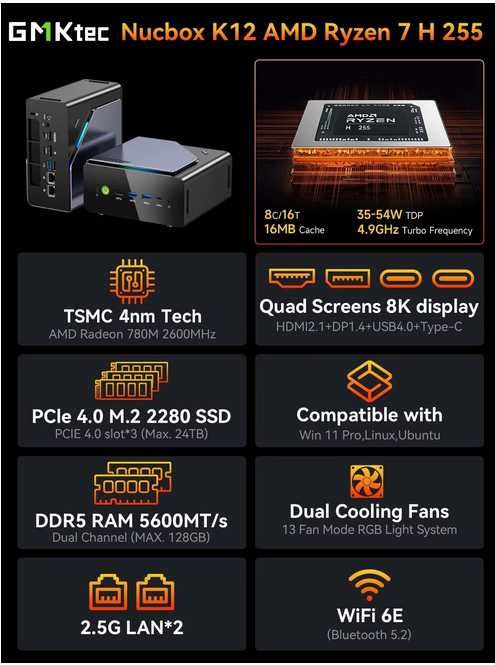 Новий Міні ПК GMKtec K12 | Ryzen 7 H 255 | Radeon 780M | Oculink