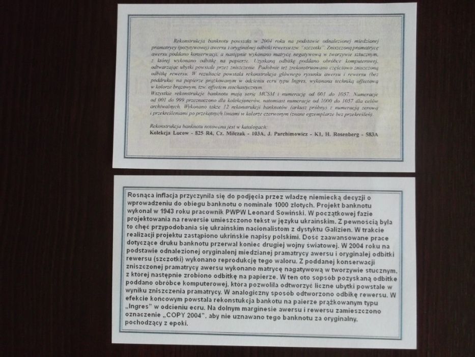 1000 zł Krakowiak 1941r. kopia. Zestaw 7 szt