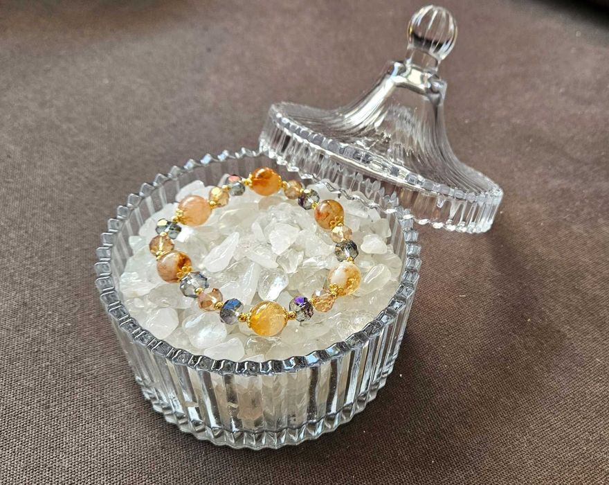 Pulseira de cristal amarelo natural e grãos de cristal austríaco