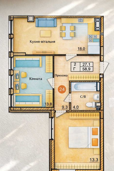 БЕЗ% 2-кімнатна квартира від забудовника. ЖК з ліфтом 20 хв від метро