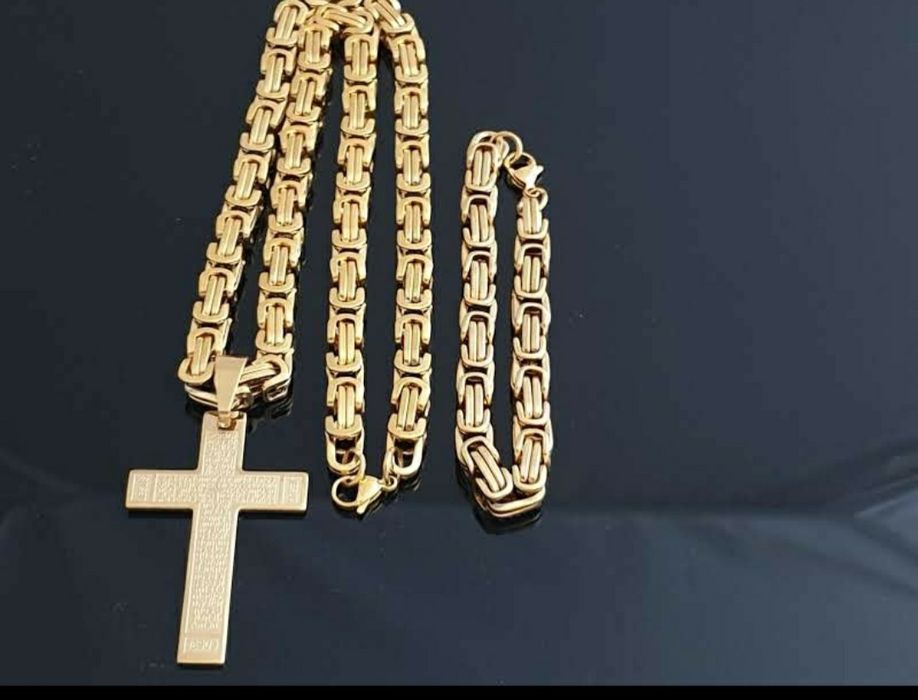 Komplet męski łańcuszek bransoletka I krzyż splot królewski stal 60 cm