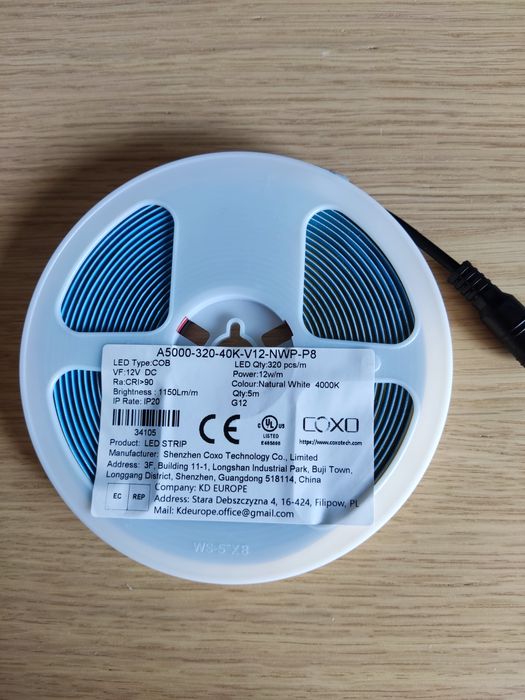 Taśma LED Biała COB 5M 4000K White 320led/M Nowa Ciągła Pasek