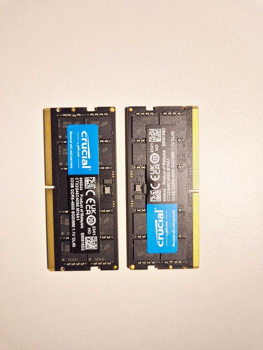 RAM 64GB, Dois módulos de 32GB RAM cada. Crucial SO-DIMM DDR5 4800MHz CL40)