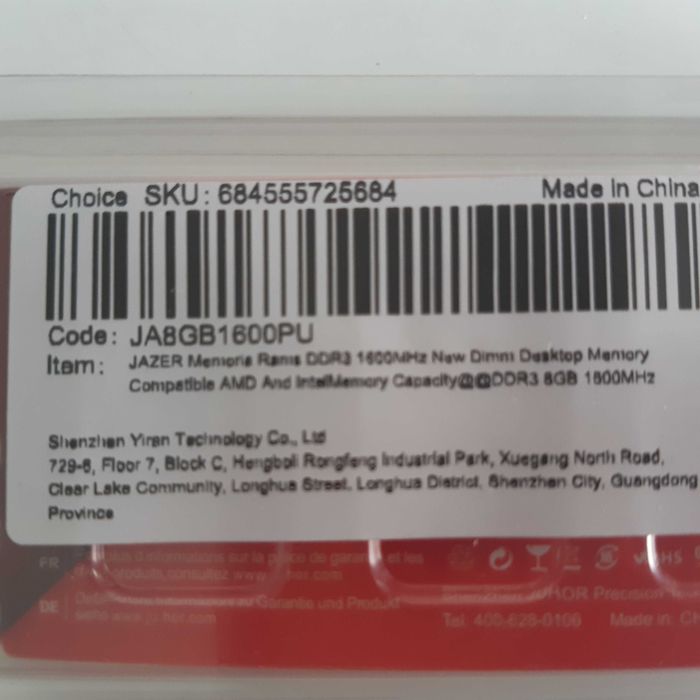 Jazer Memory for Desktop Tower, 8GB RAM DDR3 1600MHz PC3-12800U, New64552990000129124