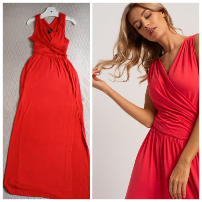 BEBE XS efektowna wyjściowa czerwona długa sukienka maxi stan idealny
