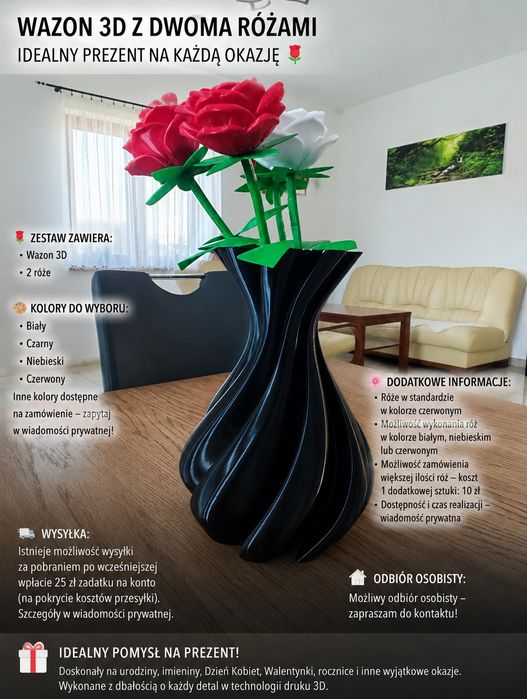 Wazon 3D róże bukiet kwiaty prezent dekoracja domu