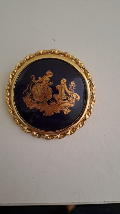 Broche Redondo Vintage Limoges Azul e Dourado