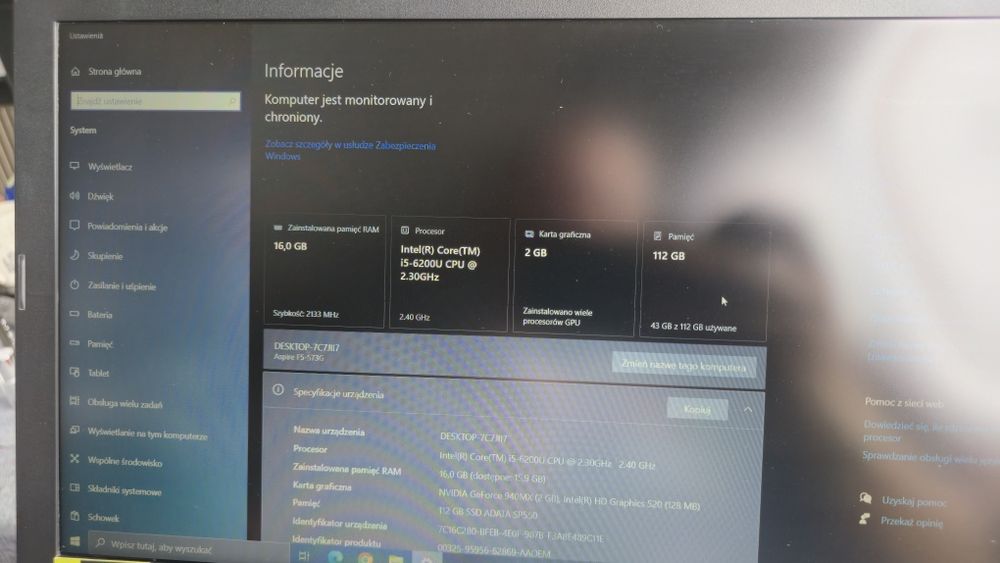 Zadbany Acer F15 i5 16GB RAM SSD po Serwisie! Win10