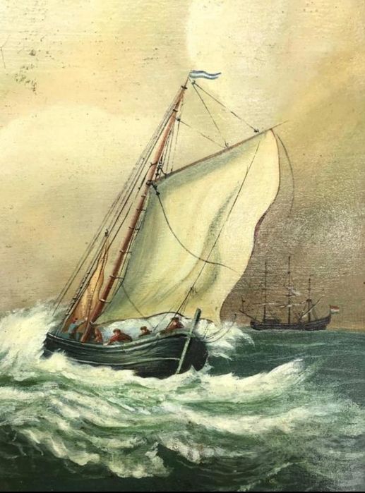 Pintura antiga óleo sobre tela paisagem marítima turbulenta com navios