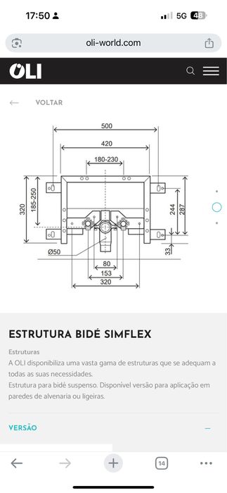 Estrutura para bidé suspenso Oli Simflex