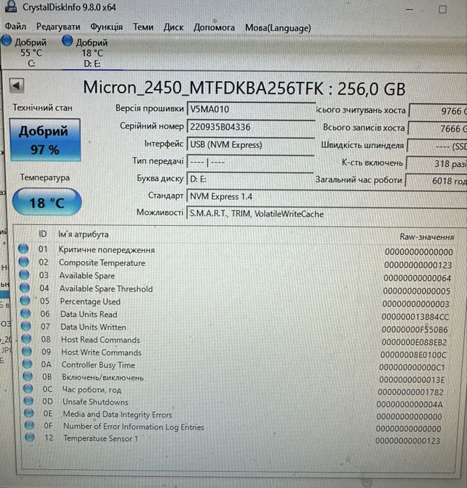Ssd Micron 256GB NVMe /97% life