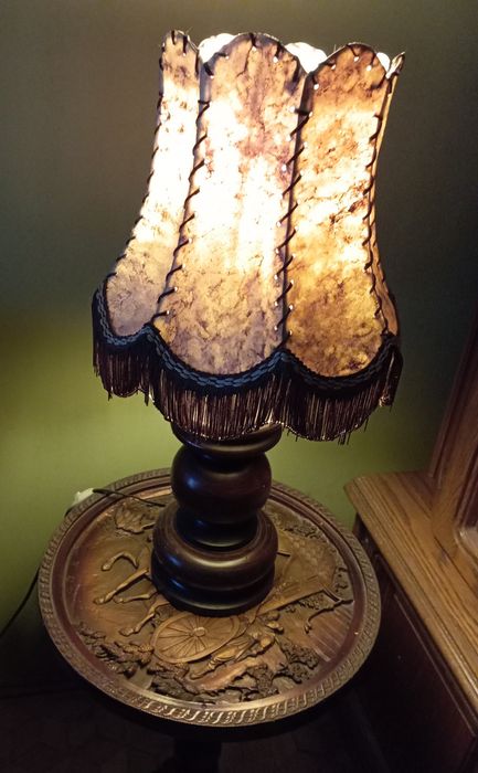 Okazja!Antyk.Lampa drewniana z abażurem ze skory