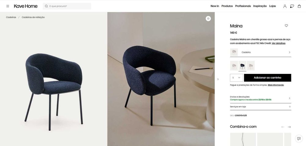 1 cadeira em chenille grosso azul e pernas de aço KAVE HOME