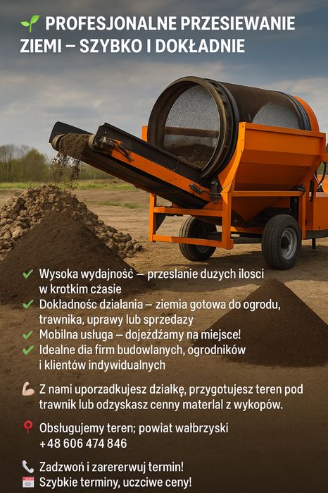 Przesiewanie ziemi, gruzu, kompostu u klienta. Wynajem! MOBILNIE