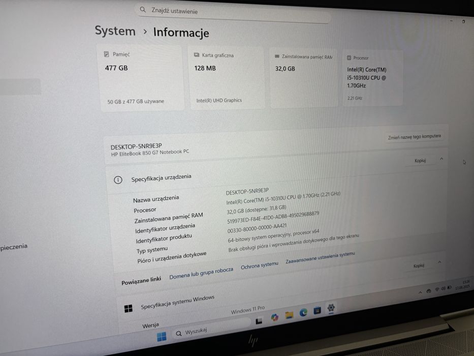 Laptop biznesowy HP EliteBook 850 G7 / 512GB / 32GB/ Win11 PRO