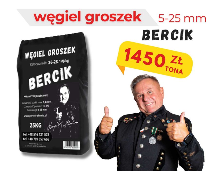 Wysokokaloryczny Polski Węgiel - GROSZEK - BERCIK Worki 25 KG 1 Tona