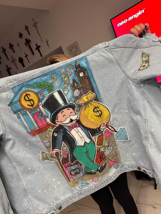 Customowa Kurtka Jeansowa Monopoly Millionaire ~ Na prezent | Ręcznie Malowane