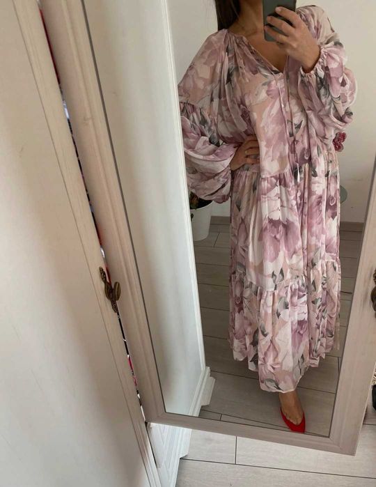 H&M długa maxi luźna oversize sukienka w kwiaty róż Boho XL/XXL