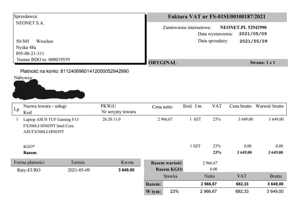 Laptop Asus Tuf Gaming FX506L - używany, sprawny!