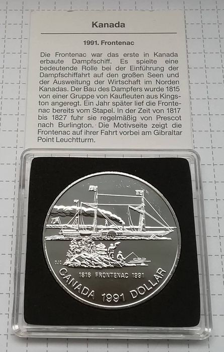 КАНАДА 1 долар 1991р. СРІБЛО. 175р.- пароплаву Фронтенак. Сертифікат