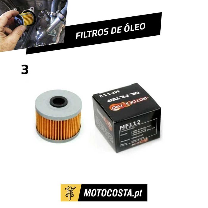 Filtros de Óleo para Motos e Motoquatro - Vários Modelos (Honda, Yamaha, Suzuki, Kawasaki, BMW, KTM e mais)