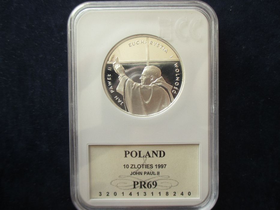 Srebrna moneta w gradingu 10 zł. z 1997 r.J.P.II Eucharystia