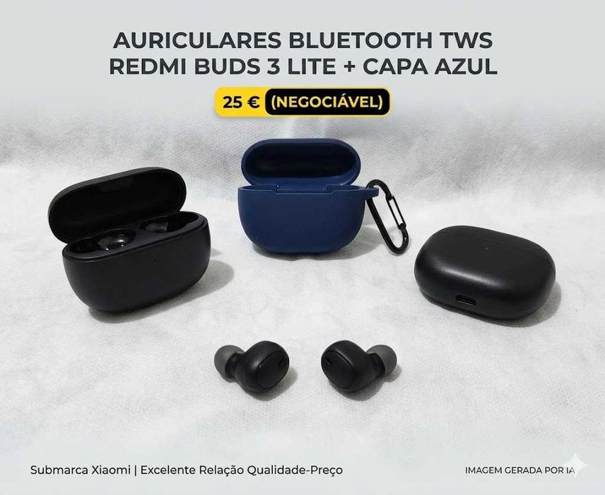 Auriculares Xiaomi Redmi Buds 3 Lite + Capa de Proteção Azul