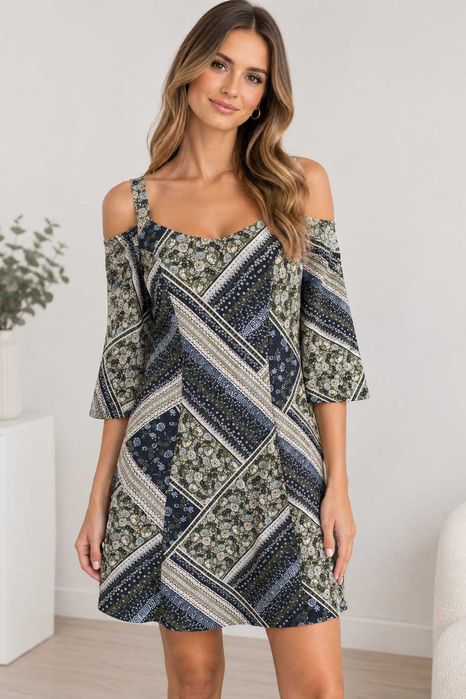 Sukienka Odkryte Ramiona Marks&Spencer L 40 Wzory Kwiaty